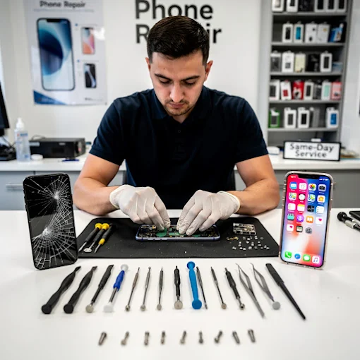 Wireless Inc technician repairing a phone at the Phenix City store in Stadium Plaza, AL — same-day service