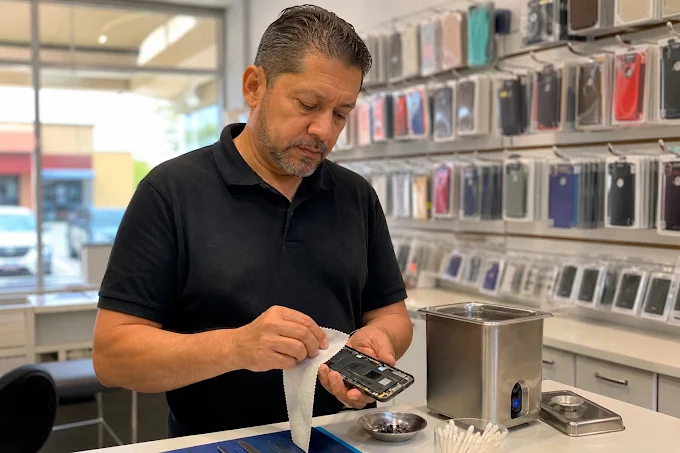 Wireless Inc technician repairing a phone at the Victory Drive store in Columbus, GA — same-day service