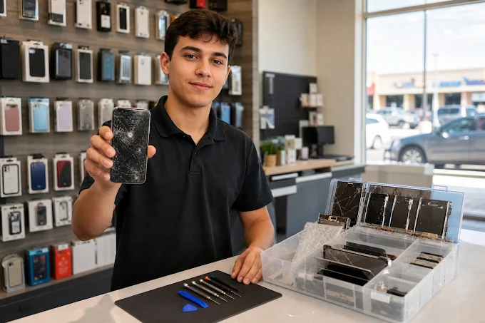 Wireless Inc technician holding a cracked iPhone ready for screen repair at the Airport Thruway store in Columbus, GA