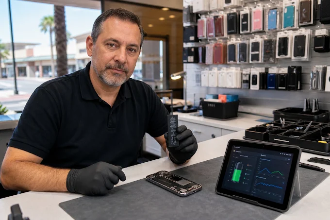 Wireless Inc technician replacing a phone battery with on-screen diagnostics at the Phenix City store